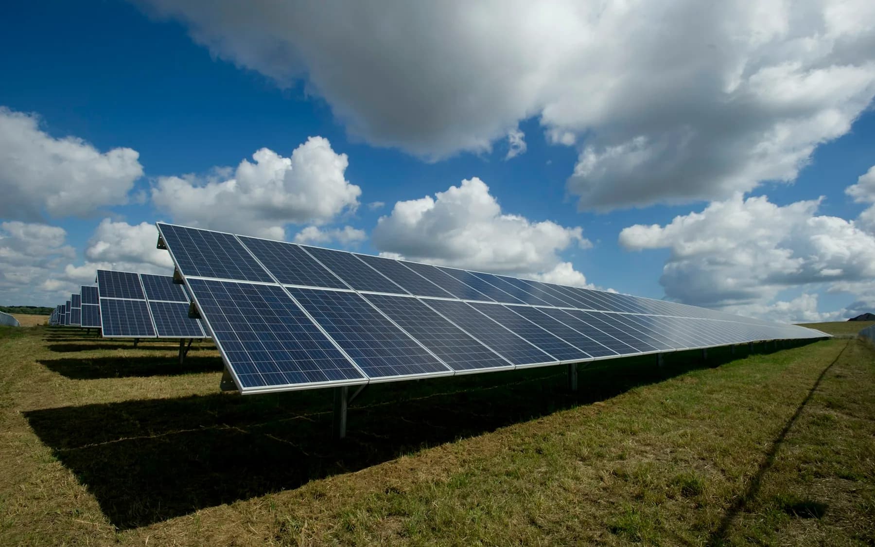 Solar panel array under clear sky